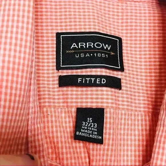 ARROW BUTTON DOWN PEACH GINGHAM LONG SLEEVE DRESS SHIRT MENS NECK SIZE 15 $34 - Picture 2 of 6